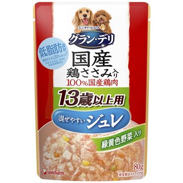 おうちでイオン イオンネットスーパー ユニ チャーム グランデリ 国産鶏ささみパウチ ジュレ 13歳以上用 緑黄色野菜入り 80g 犬用